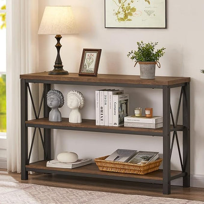 BON AUGURE Rustic Entryway Table, Farmhouse Hallway Table, Console Tables for Entryway, 3 Tier Sofa Tables for Living Room, Industrial Entry Table (47 Inch, Rustic Oak)