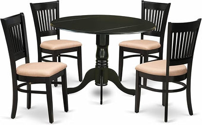 East West Furniture DLVA5-BLK-C 5 Piece Dining Table Set for 4 Includes a Round Kitchen Table with Dropleaf and 4 Linen Fabric Upholstered Dinette Chairs, 42x42 Inch, Black