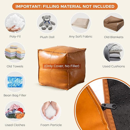 Pouf Ottoman Cover (Only Cover, No Filler), 17.7" Square Unstuffed Pouf Cover, Faux PU Leather Moroccan Poofy Ottoman Footstool, Brown No Filler Footrest, Floor Chair Gifts Foot Rest for Living Room