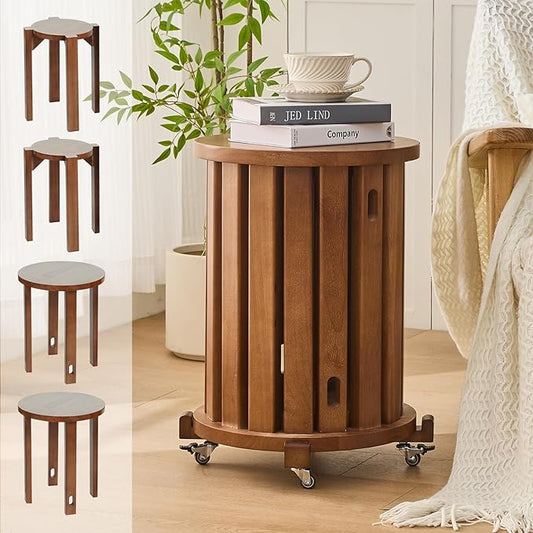 CozyDH 4-in-1 Nesting Side Tables, Stackable Stools Set of 4, Wooden Round End Table with Wheels, Small Coffee Table Nightstand for Bedroom Living Room, Walnut