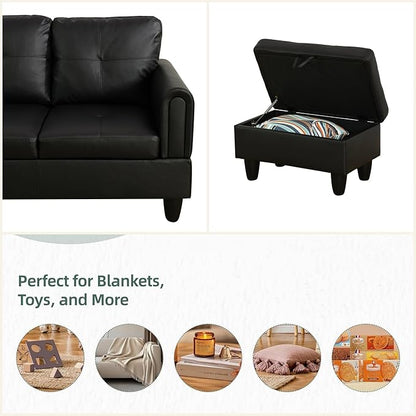 L Shaped Sectional Couches for Living Room, Modular Sectional Sofa with Ottoman Storage, Modern Comfy 4 Seat L Shaped Couch with Chaise for Bedroom Apartment Furniture, Black