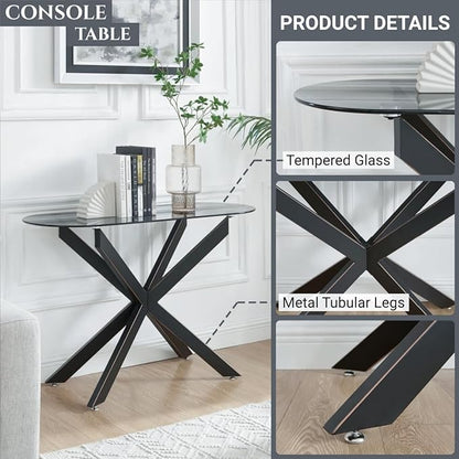 Modern Glass Oval Console Table, Entryway Hallway Narrow Sofa Table, Entrance for Entryway, Living Room, Foyer, Hallway, Office， 45" Lx18 Wx30 H Black
