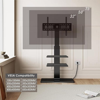 FITUEYES Floor TV Stand for 32-75 inch TV with Power Outlet, Tall TV Mount for Bedroom Living Room with Tempered Glass Base, TV Stand with Mount Holds Up to 88lbs MAX VESA 600x400mm,Black