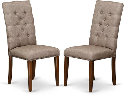 East West Furniture ELP3T16 Elsa Parson Dining Chairs - Button Tufted Nailhead Trim Dark Khaki Linen Fabric Upholstered Chairs, Set of 2, Mahogany