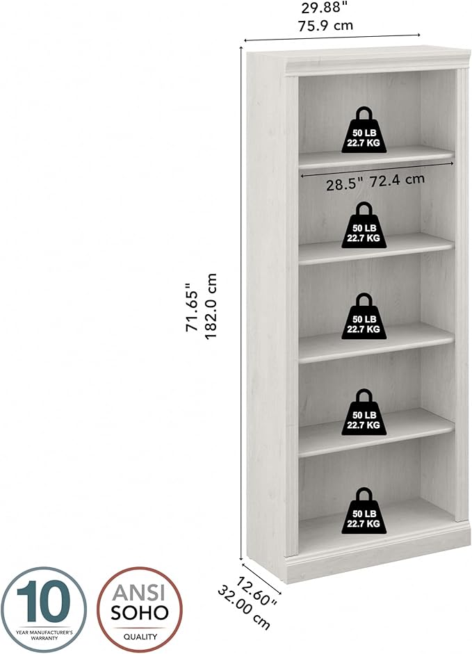 Bush Furniture Saratoga Tall 5 Shelf Bookcase in Linen White Oak, Home Office Organizer, Vertical Storage Solution for Books and Office Supplies, Tall Bookshelf
