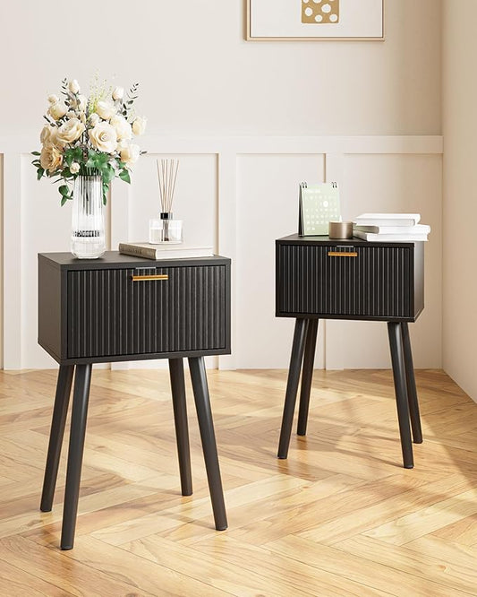 Night Stand Set 2, Black Nightstand with Fluted Doors, Small Modern Mid-Century Bedside Table for Bedroom, End Table for Living Room