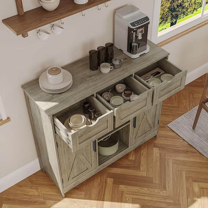 Storage Cabinet, Coffee Bar Cabinet with 2 Adjustable Shelves, 3 Drawers, and 2 Doors, for Bathroom, Kitchen, Living Room (Gray)