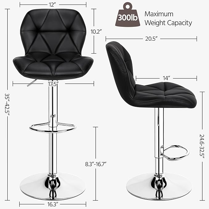 Yaheetech Bar Stools Set of 2, Modern Adjustable Kitchen Island Chairs, Black PU Leather Swivel Counter Stools for Bar, Kitchen Counter, Black