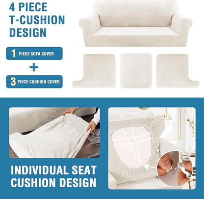 H.VERSAILTEX Sofa Cover 4 Piece T Cushion Sofa Slipcovers Thick Velvet Couch Cover Stretch T Cushion Sofa Covers for 3 Cushion Couch with 3 Individual T Cushion Covers, Porcelain