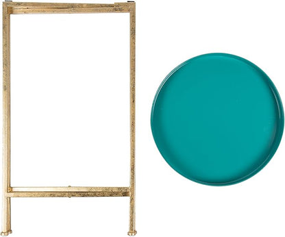 Kate and Laurel Celia Round Metal Foldable Tray Accent Table, Teal with Gold Base