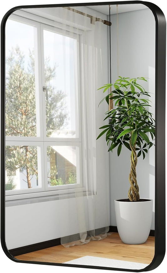 22x30 Inch Black Wall Mirror for Bathroom, Brushed Metal Framed Mirror with Rounded Corner, Rectangle Bathroom Vanity Mirror for Bedroom or Living Room, Horizontal/Vertical