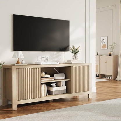 GarveeHome 59" TV Stand for TVs Up to 65 Inches, Mid Century Modern TV Entertainment Center with Storage Cabinets & Open Shelves, Wood TV Cabinet for Living Room, Oak