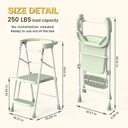 Kids Step Stool 2 Steps, Toddler Tower for Kitchen Counter Learning, Toddler Kitchen Stool Helper with Anti-Drop Safty Railing Kids Standing Folding Stepper, Green