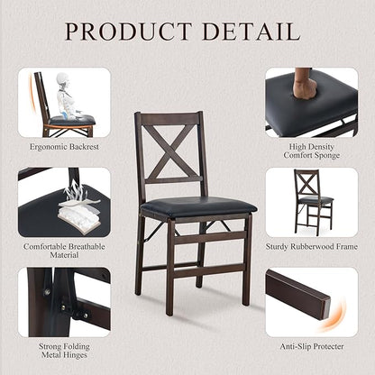 COLAMY Folding Dining Chairs Set of 2, Foldable Chairs with Padded Seats, Wood Folding Dining Room Chairs for Kitchen, Party, Camping, Dark Brown