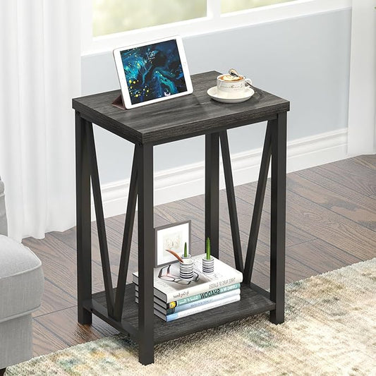 FOLUBAN Small Side Table, Rustic Wood and Metal End Table with Storage, Vintage Night Stand for Living Room Bedroom Office, Dark Gray