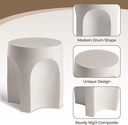 COSIEST Concrete Side Table Drum Shape,17''H Outdoor Side Table, Patio Accent Table Cement End Tables, Garden Decorative Stool, Plant Stand Drum Table, Spotted White