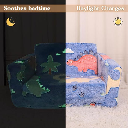 Kids Chairs for Toddler, 2 - in - 1 Toddler Soft Teddy Fleece Couch Featuring Glow - in - The - Dark Elements, Fold Out, Convertible Sofa to Lounger for Girls and Boys - Colorful Dinosaur