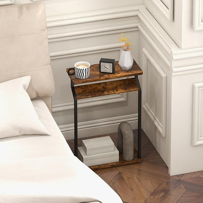 Narrow Side Table for Small Spaces, End Table for Couch, Slim Couch Tray Tables, Skinny Thin End Tables for Living Room, Bedroom, Rustic Brown