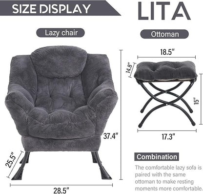 LITA Lazy Chair with Ottoman, Modern Accent Leisure Upholstered Sofa Chair, Lounge Reading Chair with Armrests and a Side Pocket for Living Room, Bedroom & Small Space, Plush Navy