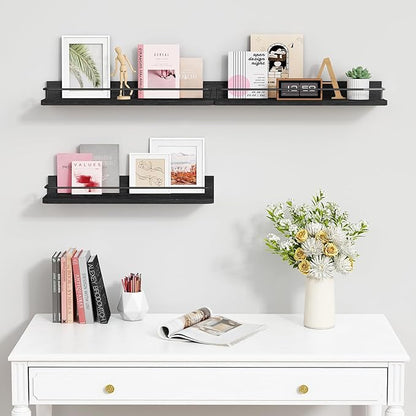 Forbena Black Floating Shelves for Wall, Bahtroom Wall Shelves Over Toilet, Rustic Hanging Shelf with Lip Rail for Bedroom Kitchen Office Living Room Picture Photo Decor, 17 Inch Long-Set of 3