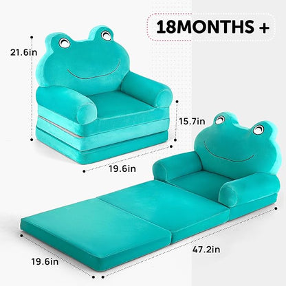 Kids Sofa Comfy, Adorable Animal Toddler Chair, Foldable Kids Couch with Removable Washable Cover, Soft & Breathable Fabric, No Assembly Needed, Foldable Baby Sofa(Green Frog)
