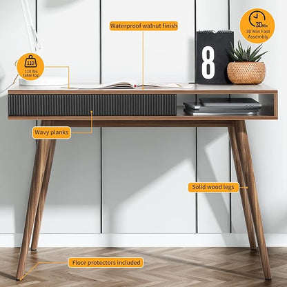Artswish Mid Century Modern Office Desk with Drawer - Simple Writing Desk for Home Office, Walnut