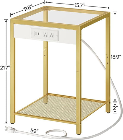 HOOBRO Side Table with Charging Station, End Table with USB Port, Nightstand for Tight Spaces, Tempered Glass, Modern Metal Frame, for Office, Bedroom, Living Room, Study, Gold GD76UBZ01