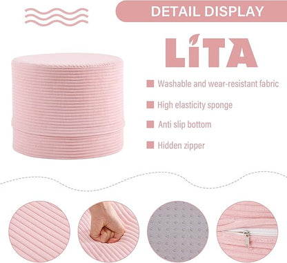 LITA Round Stuffed Pouf Ottoman, Velvet Poufs with High-Density Foam Filling and Washable Cover, Furry and Fluffy Bean Bag Foot Stools Ottoman for Living Room, Bedroom, Office, Pink