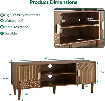47" TV Stand for TVs up to 55 Inch, Entertainment Center with Storage and Adjustable Shelves, Modern Media Console for Living Room, Walnut