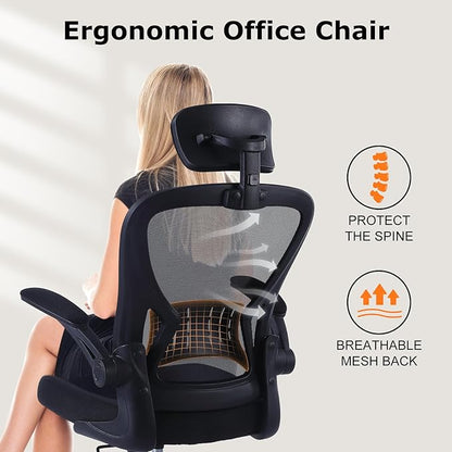 ralex-chair Ergonomic Office Chair with Adjustable Headrest & Lumbar Support, Desk Chair with Flip-Up Armrests, Comfortable for Home, Office, Conference Room