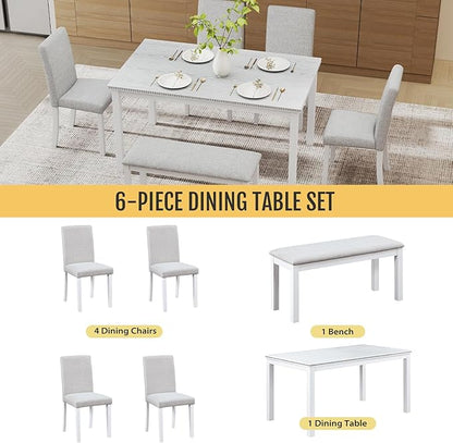 6-Piece Solid Wood Dining Table Set, Including 1 Dining Table, 4 Upholstered Chairs and 1 Bench, Wooden Legs Dining Table Set for Dining Room, Kitchen, Restaurant, White Diamond