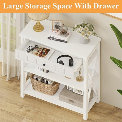 FATORRI Small Bookcase with Drawer, Wood and Metal Bookshelf for Small Space, Short Book Shelf and Low Book Case for Living Room (White Oak)