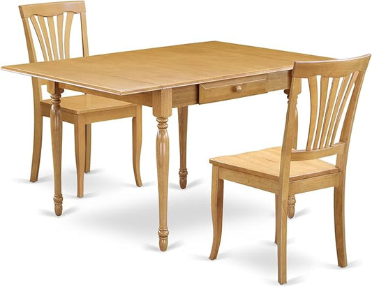 East West Furniture MZAV3-OAK-W 3 Piece Dining Room Table Set Contains a Rectangle Kitchen Table with Dropleaf and 2 Dining Chairs, 36x54 Inch, Oak