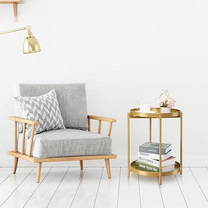danpinera 2-Tier End Table, Outdoor Side Table, Metal Round Desk with Removable Tray, Small Folding Accent Desk, Anti-Rust Nightstand for Bedroom Balcony Patio Living Room, Set of 2 (Gold)