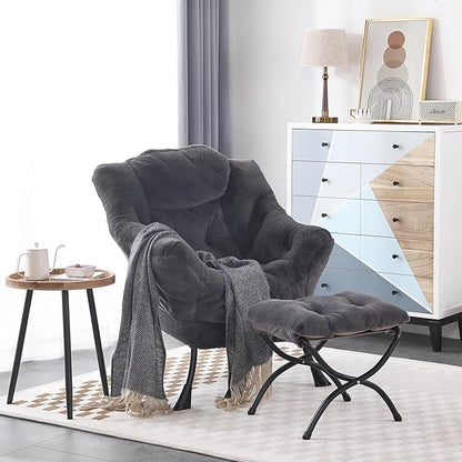 LITA Lazy Chair with Ottoman, Modern Accent Leisure Upholstered Sofa Chair, Lounge Reading Chair with Armrests and a Side Pocket for Living Room, Bedroom & Small Space, Plush Navy