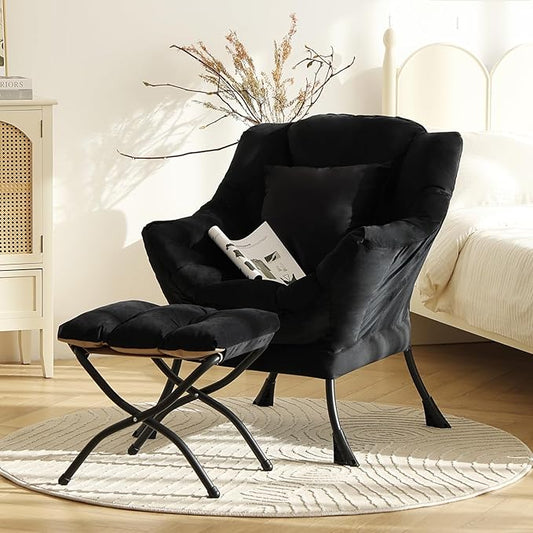 Lazy Chair with Ottoman, Modern Lounge Accent Chair with a Pillow, Leisure Sofa Armchair Set, Reading Chair with Footrest for Living Room, Bedroom, Dorm Room, Office, Velvet Black