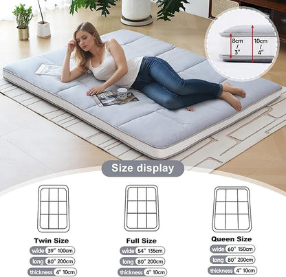 Tiita Floor Mattress Memory Foam Mattress Topper, 4" Thicken Futon Mattress with Storage Bag and 2 Straps, Portable Roll Up Travel Car Camping Mattress Sleeping Pad Full Size, Grey