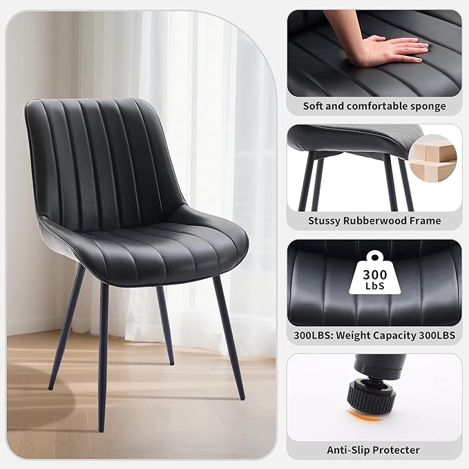 Dining Chairs Set of 2, Upholstered PU Leather Kitchen & Dining Chairs with Whale Backrest,Chair with Padded Seat and Metal Legs for Restaurant/Cafe