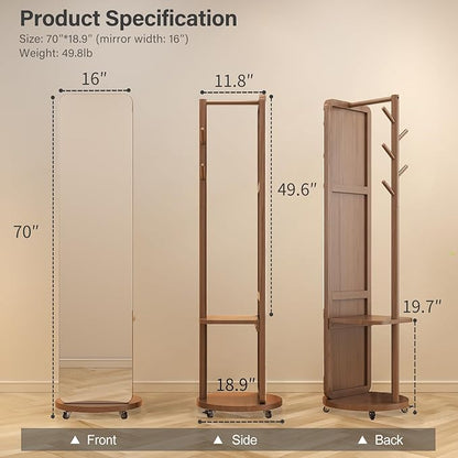 70"x16"Full Length Mirror with Stand,Coat Rack with Mirror,Solid Wood Floor Mirror,Swivel Mirrorfor Bedroom, Living Room, Cloakroom