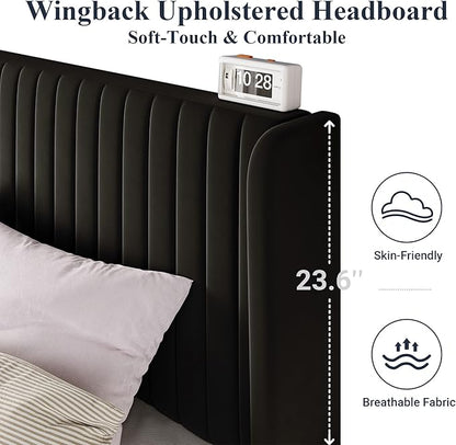 Allewie King Size Velvet Bed Frame/Vertical Channel Tufted Wingback Headboard/Upholstered Platform Bed/Strong Wooden Slats/No Box Spring Needed/Easy Assembly/Black