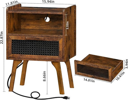Lerliuo Rattan Nightstands Set of 2 with Charging Station, Boho Side Table with Drawer Open Shelf, Cane Accent Bedside End Table with Solid Wood Legs for Bedroom, Dorm and Small Spaces (Brown)