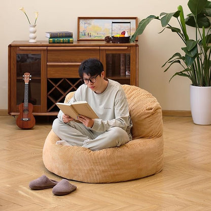 N&V Large Crescent Bean Bag Chair, Adult Size Bean Bag Sack, Foam Filling, Soft Premium Corduroy Bean Bag for Living Room Bedroom Dorm and Office (Beige)