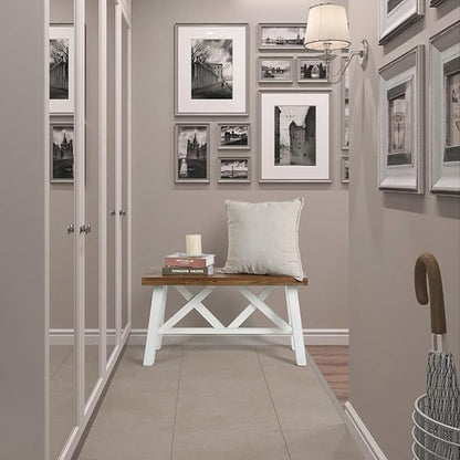 Wnutrees 30" Farmhouse Wood Bench, Rustic Solid Wood Entryway Bench Seat with Double X-Structure for Dining Room, Living Room, Hallway, Structural Stability, White