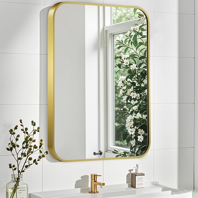 Matte Gold Mirror, 22x30 Inch Brushed Gold Mirror, Aluminum Alloy Framed Vanity Mirror, Rounded Rectangle Bathroom Mirror for Over Sink, Anti-Rust Wall Mirror (Horizontally or Vertically)