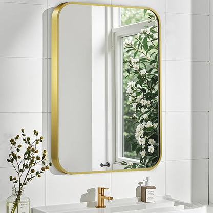 Matte Gold Mirror, 30x36 Inch Brushed Gold Mirror, Aluminum Alloy Framed Vanity Mirror, Rounded Rectangle Bathroom Mirror for Over Sink, Anti-Rust Wall Mirror (Horizontally or Vertically)