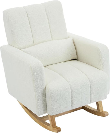 Christopher Knight Home Mapo Wooden Rocking Chair Indoor, Teddy Upholstered Spacious Rocker Chair with Pillow, Comfy Rocking Chair with Armrest for Bedroom, Living Room, Offices, Cream White