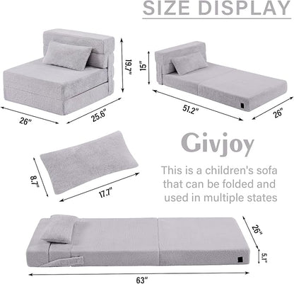Folding Sofa Bed Floor Mattress for Kids with Pillow, Toddler Washable Folding Floor Nap Mat for Sleeping Daycare, Child Fold Up Sofa Futon Chair Bed with Storage Bag for Girls and Boys