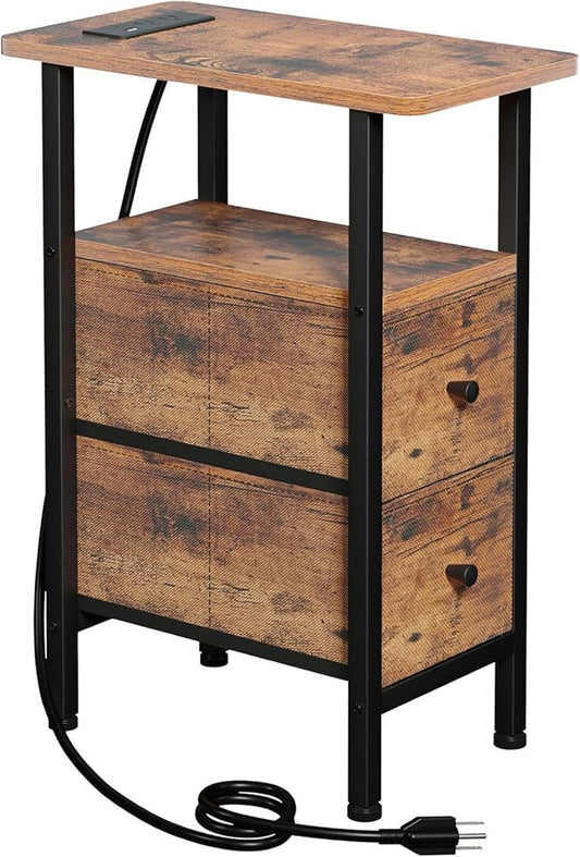 Narrow End Table Living Room with Charging Station, Skinny Side Table with Fabric Drawers, Slim Nightstand for Bedroom, Small Spaces, Couch, Rustic Brown, HETNDP02PBR-1