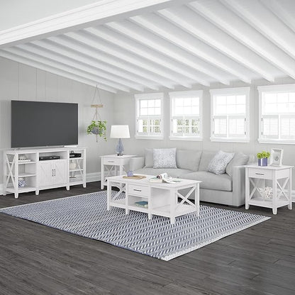 Bush Furniture Key West Tall TV Stand for 65 Inch TV in Pure White Oak, Farmhouse Entertainment Center with Storage