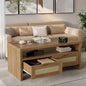 2 Tiers Boho Coffee Table with Storage,40” Mid Century Rattan Console Table with Drawers and Open Shelf, Wooden Center Coffee Table for Living Room/Apartment/Farmhouse/Bedroom/Small Place(Oak)